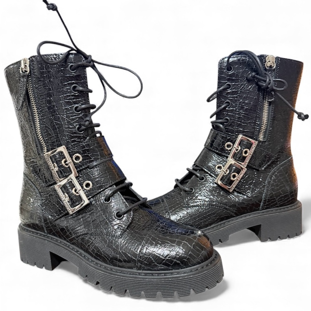 Giuseppe Zanotti Black Leather Embossed Biker Combat Boots Size EU 35
